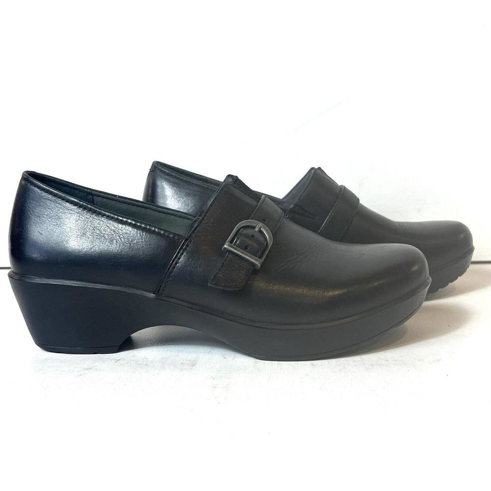 Dansko Black Leather Block Mid Heel Women's Shoes EU 39 US 8.5-9 Slip On Clogs - Picture 3 of 13